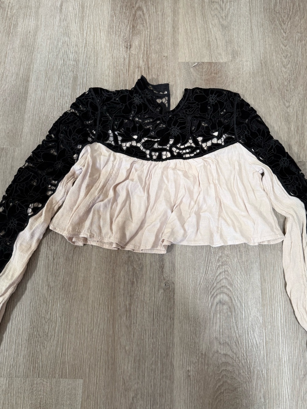 Women's Black Lace & Cream Ruffle Long-Sleeve Crop Top Free People